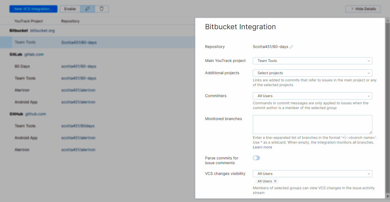 Bitbucket integration settings Bitbucket integration settings