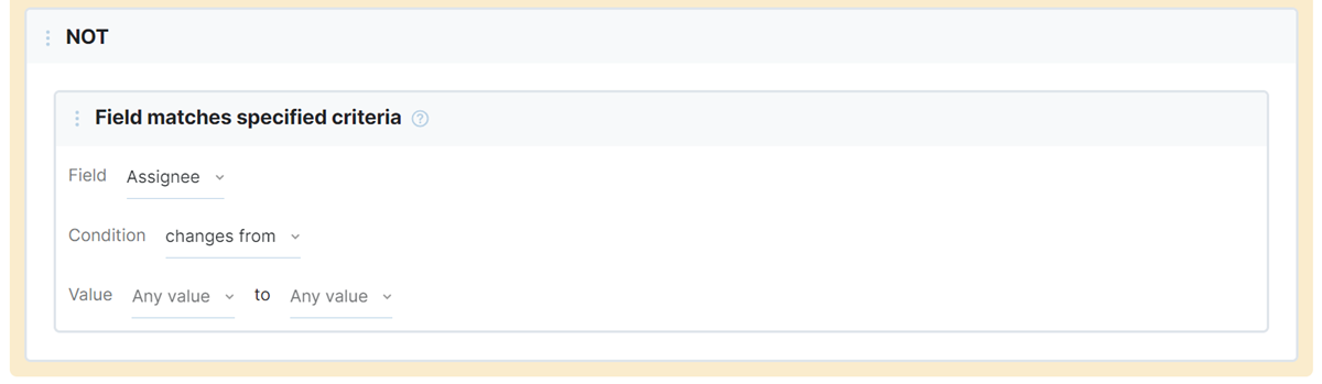 The NOT building block in the set of conditions for a workflow rule. The NOT building block in the set of conditions for a workflow rule.