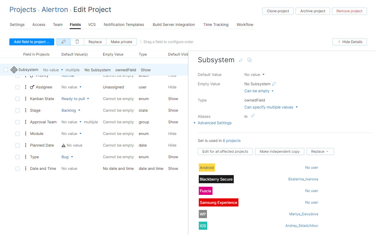 Change field order in project Change field order in project