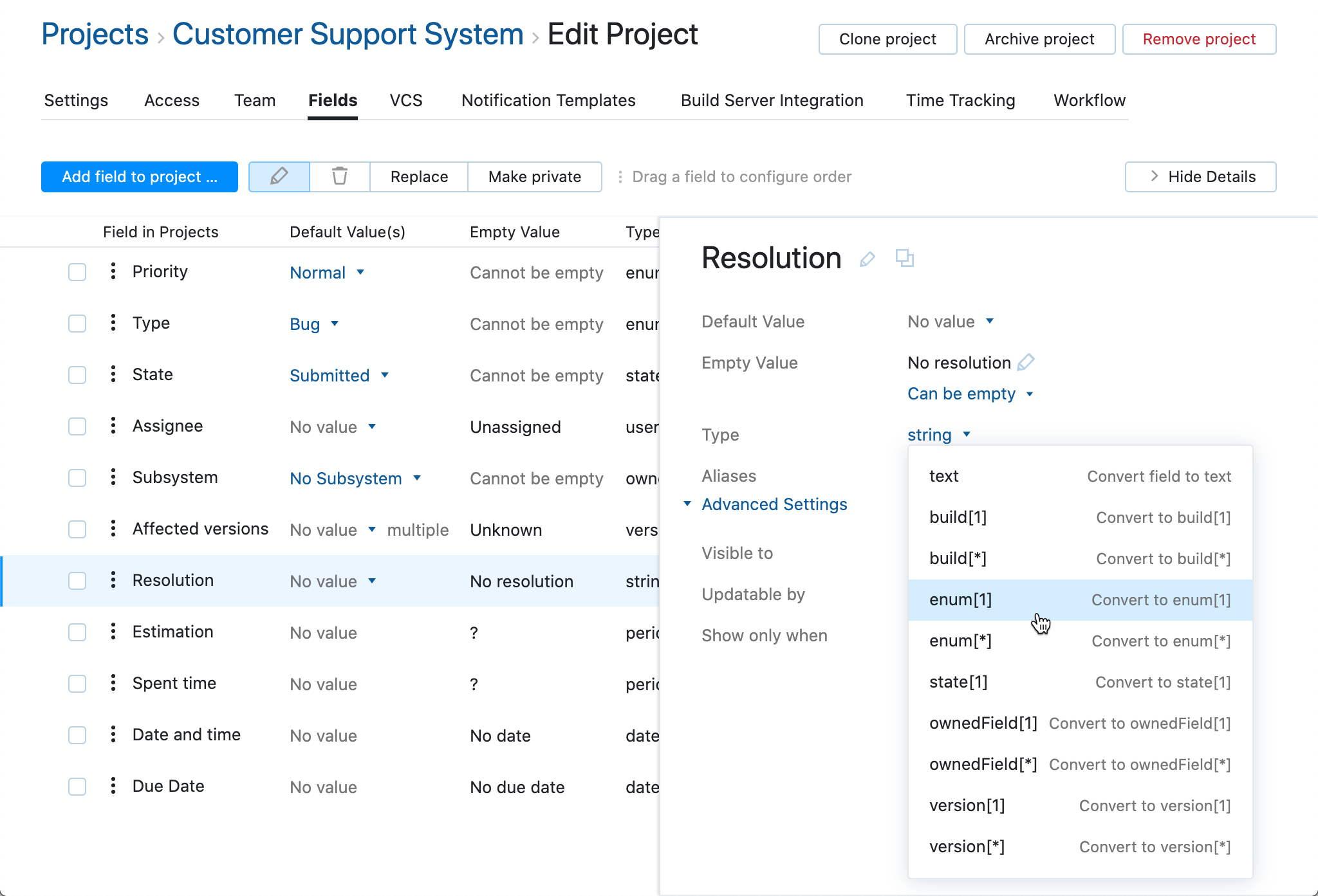 change field type in project change field type in project