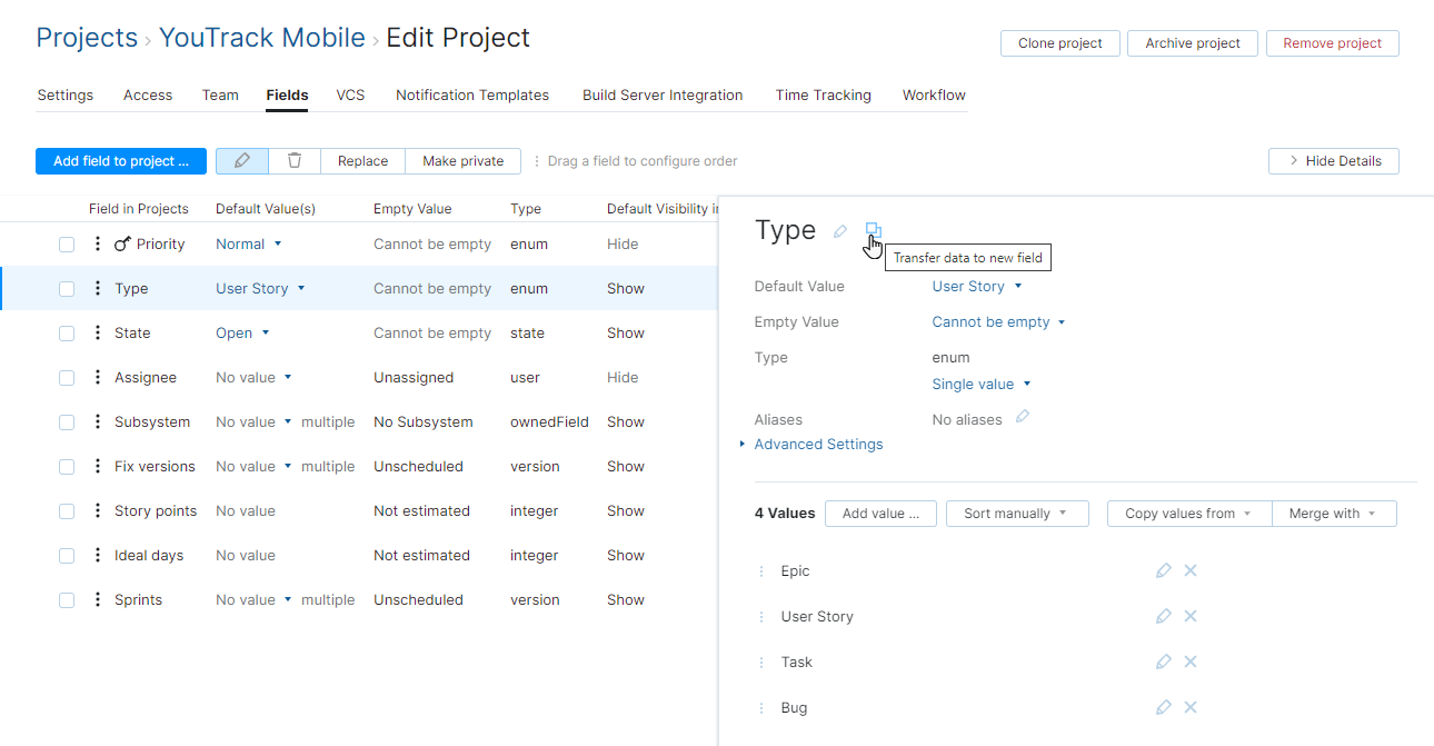 Transfer data to new field in a project. Transfer data to new field in a project.