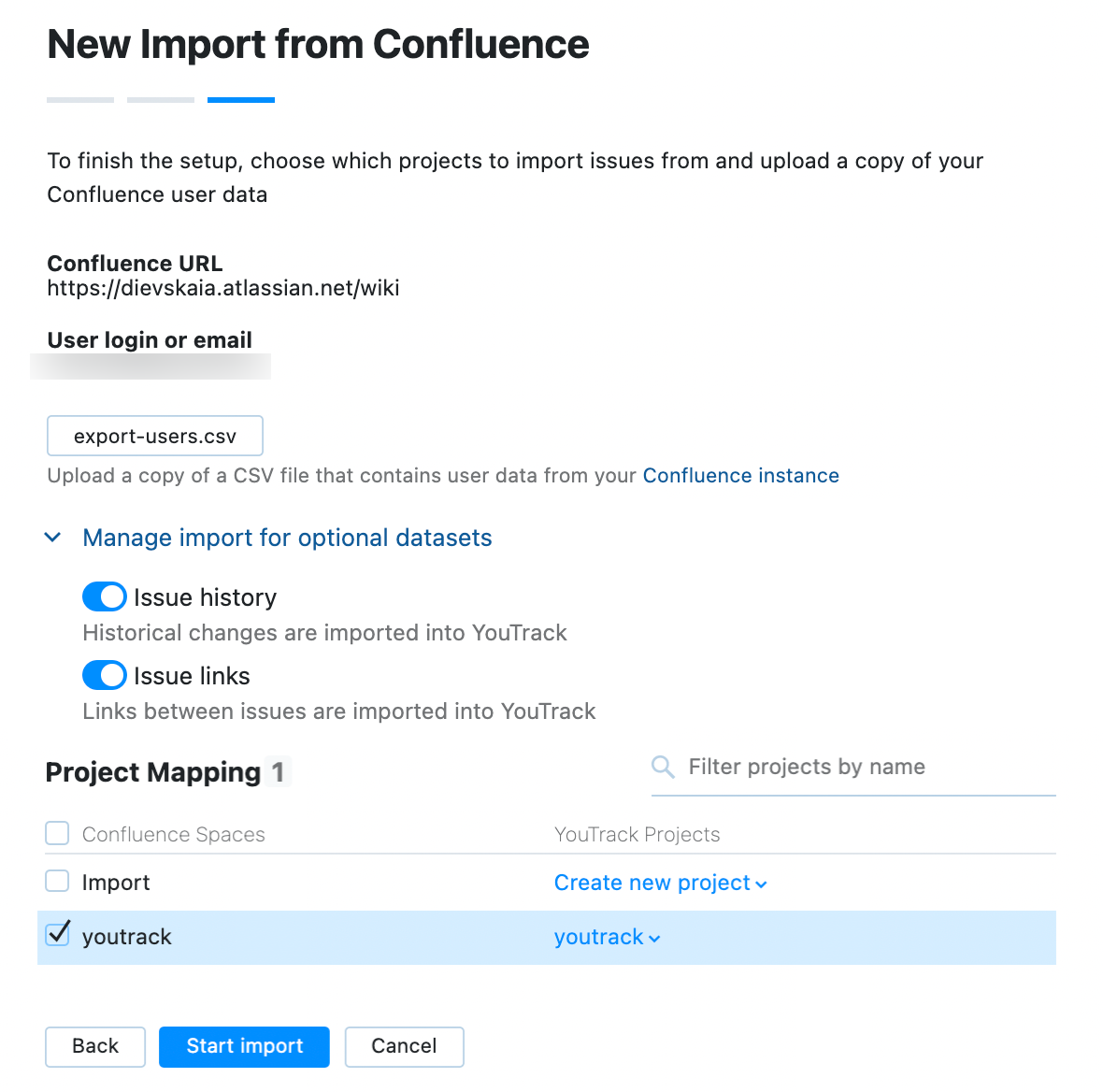 Confirm settings and start import. Confirm settings and start import.