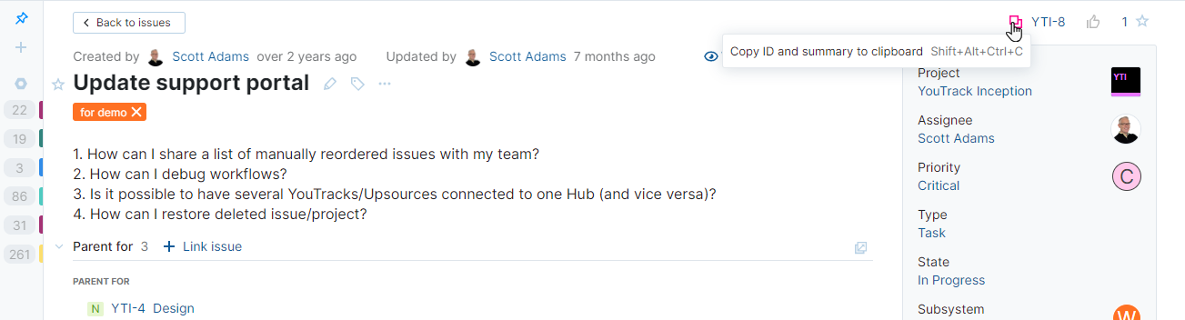 Option to copy issue ID and summary in YouTrack Lite. Option to copy issue ID and summary in YouTrack Lite.