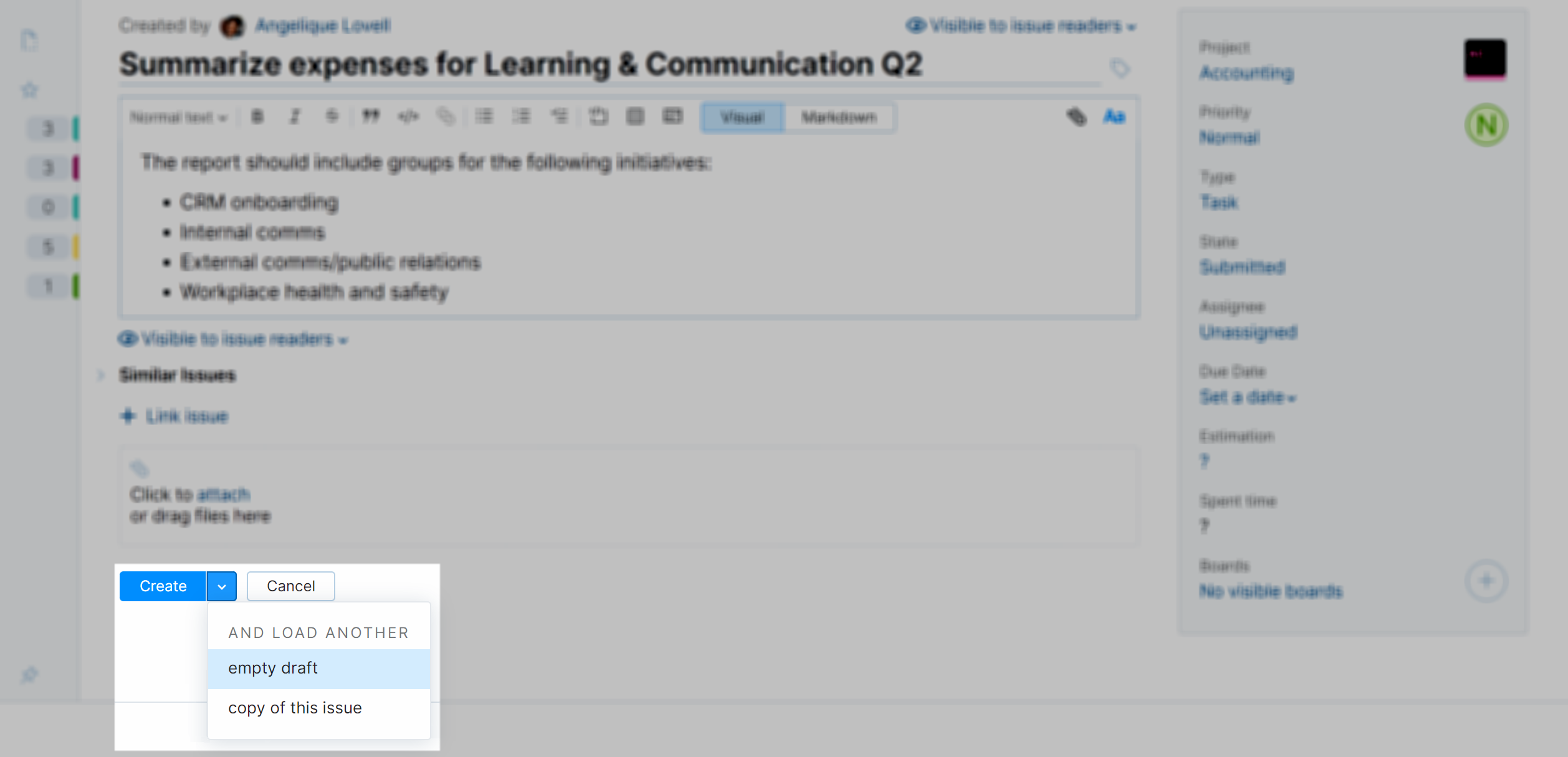 Menu for creating an issue and loading another draft of copy. Menu for creating an issue and loading another draft of copy.