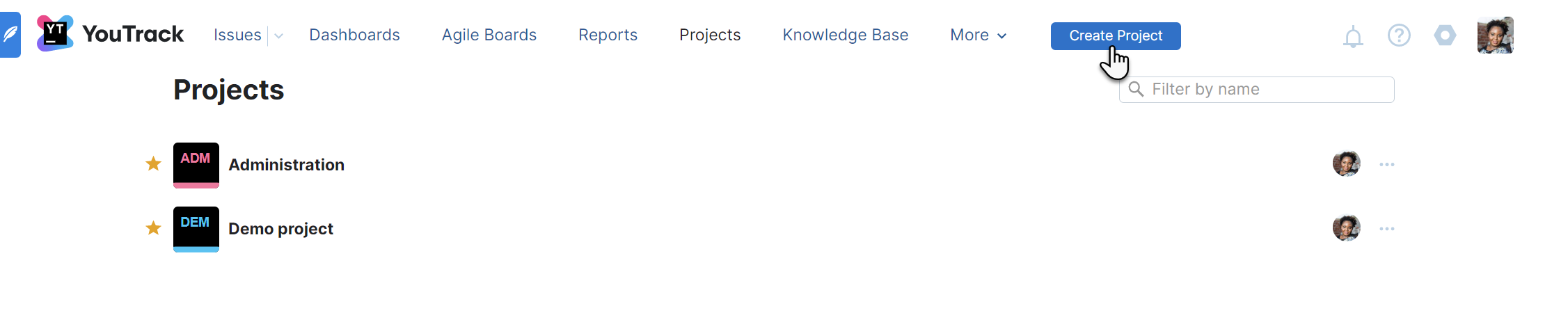 The Create Project button in the application header. The Create Project button in the application header.