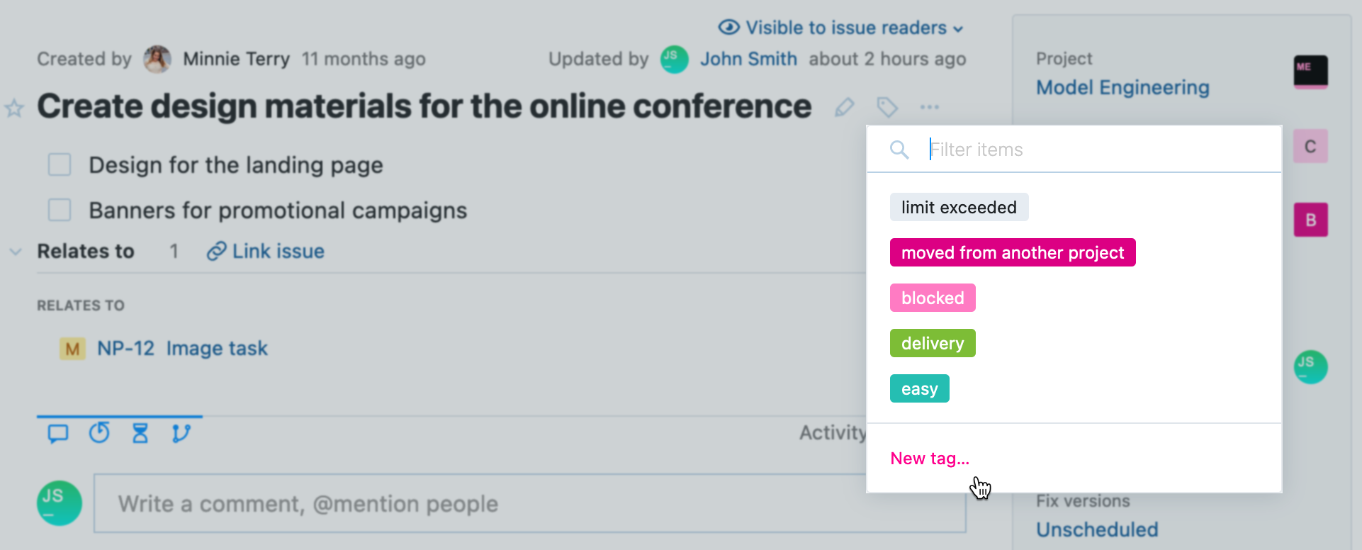 Option to add tag from the quick issue view in the Issues list. Option to add tag from the quick issue view in the Issues list.