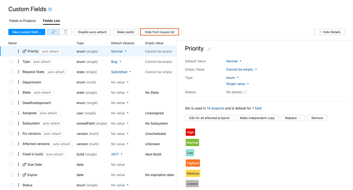Option to hide a custom field from the Issues list. Option to hide a custom field from the Issues list.