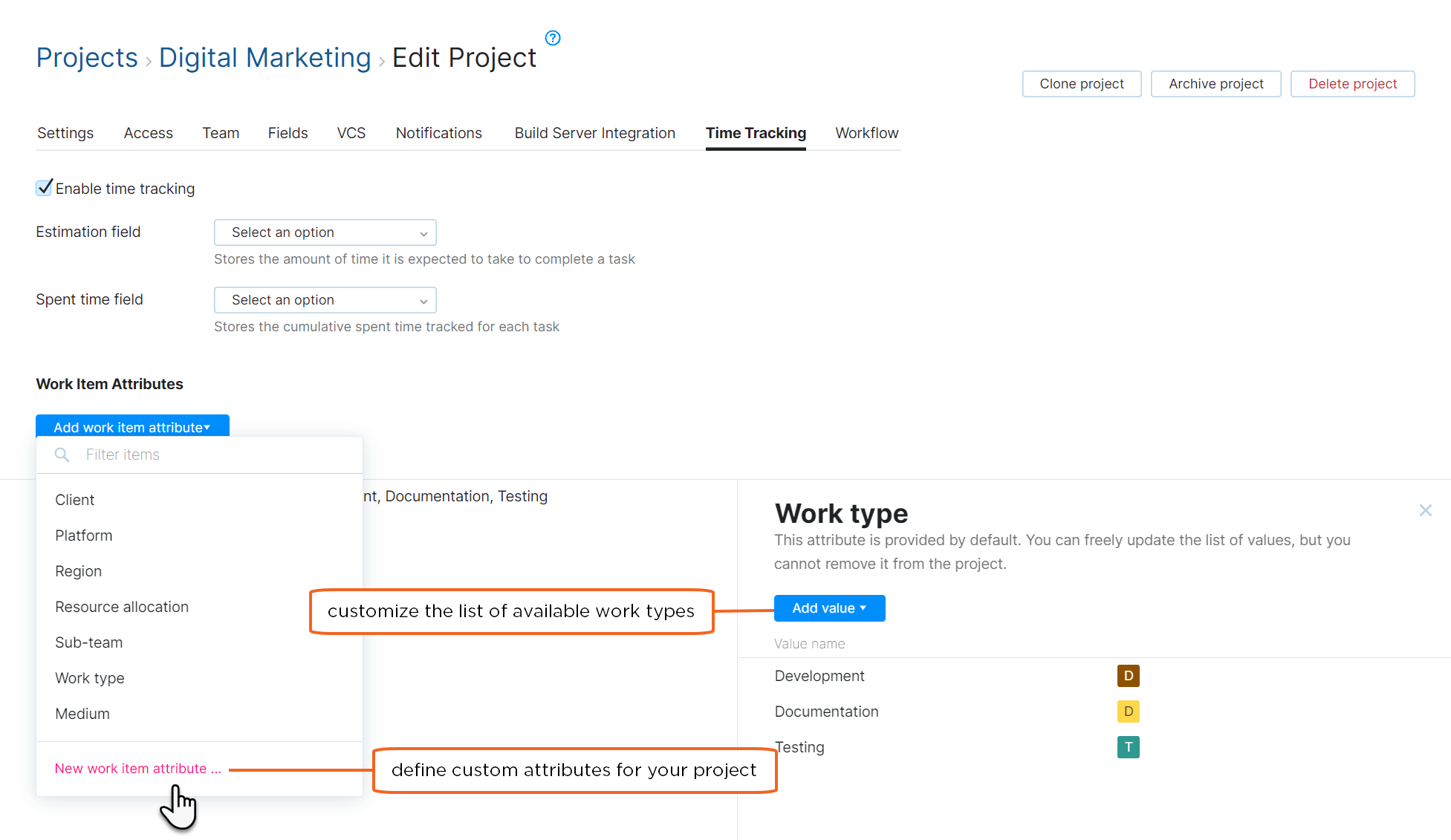 Options for customizing work item attributes for a project. Options for customizing work item attributes for a project.