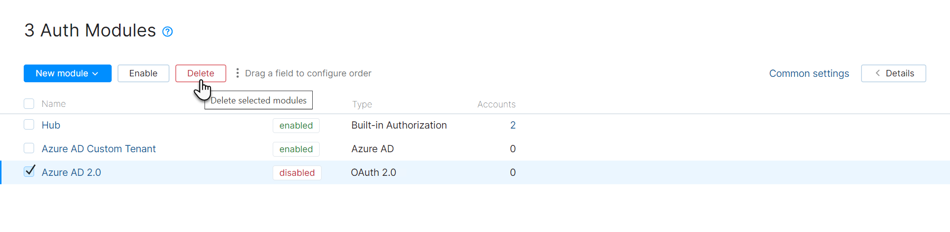 Option to delete the selected authentication module. Option to delete the selected authentication module.