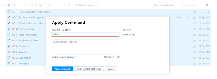Command to delete multiple issues. Command to delete multiple issues.