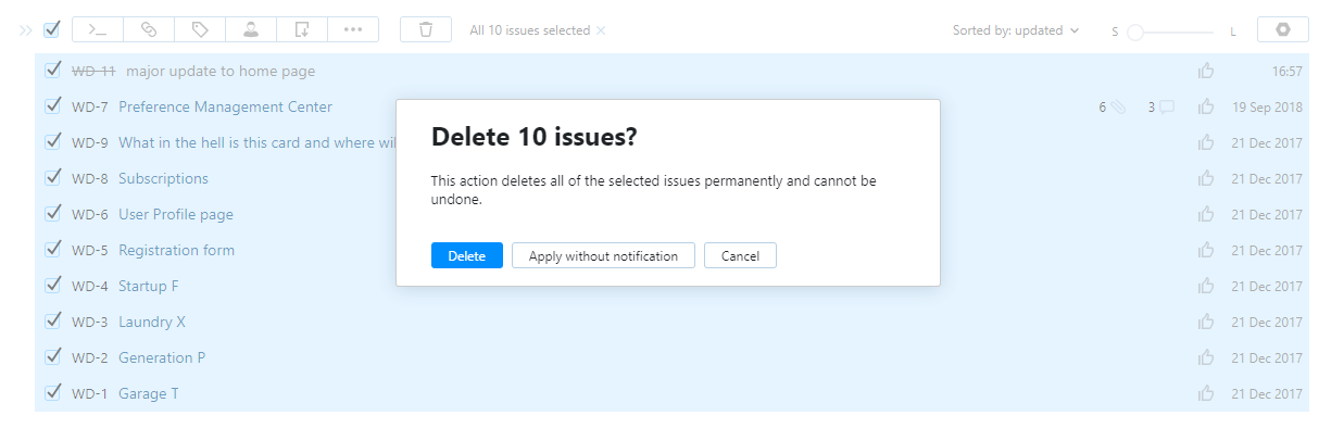 Confirmation dialog for deleting multiple issues. Confirmation dialog for deleting multiple issues.