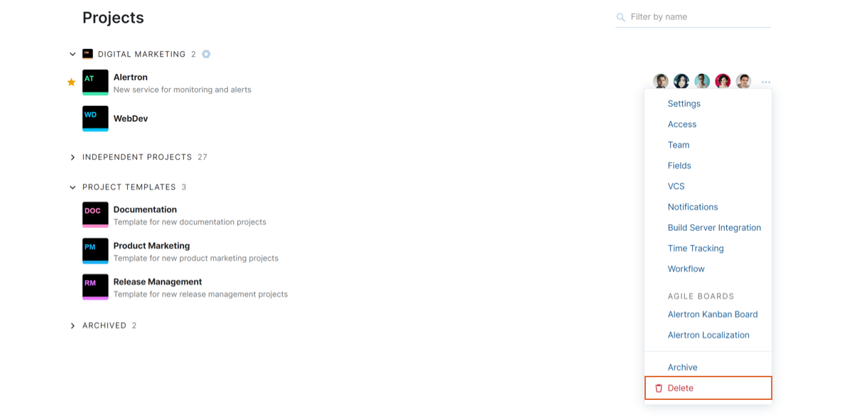 Option to delete a project from the list. Option to delete a project from the list.