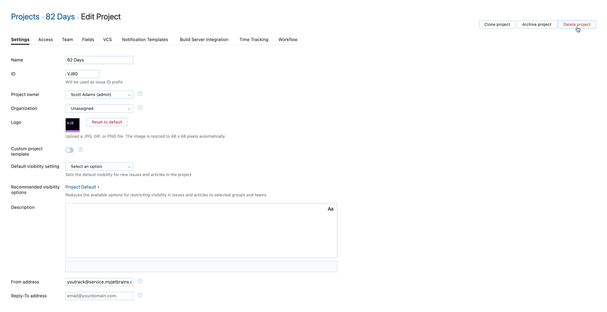 Delete project button in the header. Delete project button in the header.