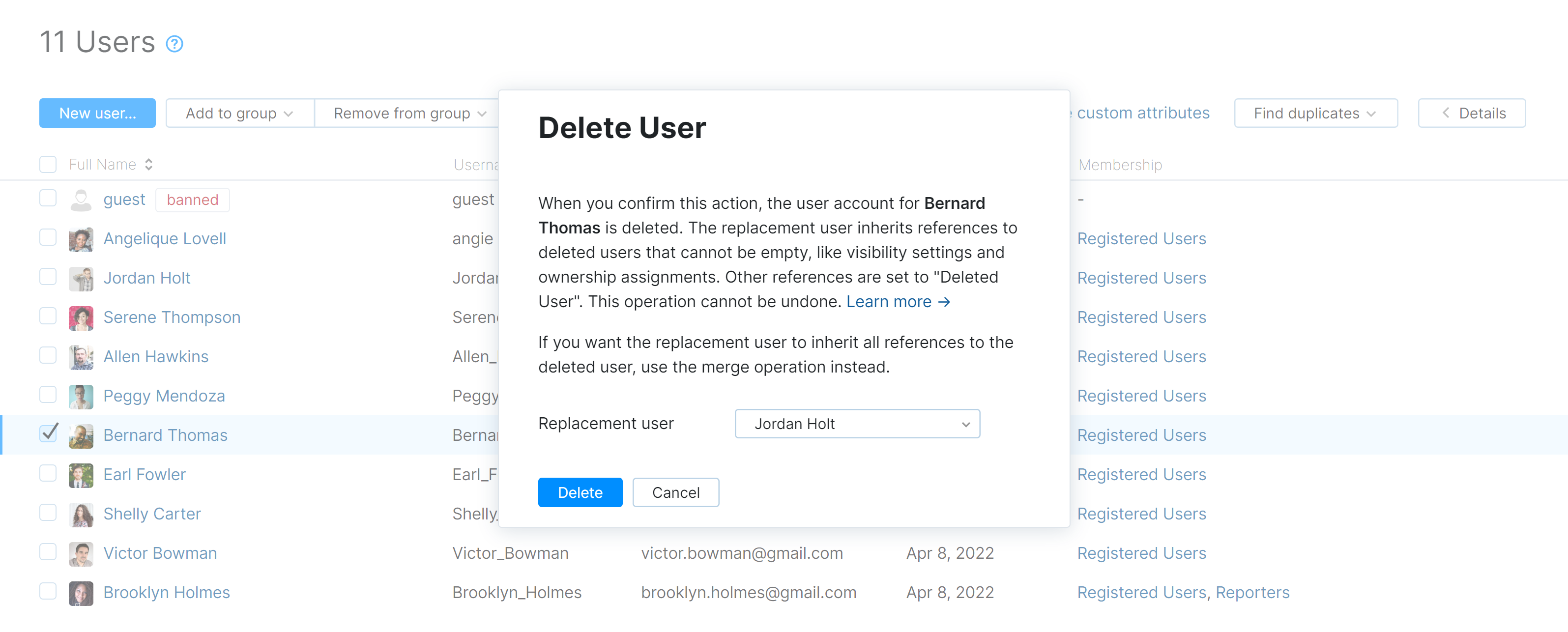 Delete user dialog Delete user dialog