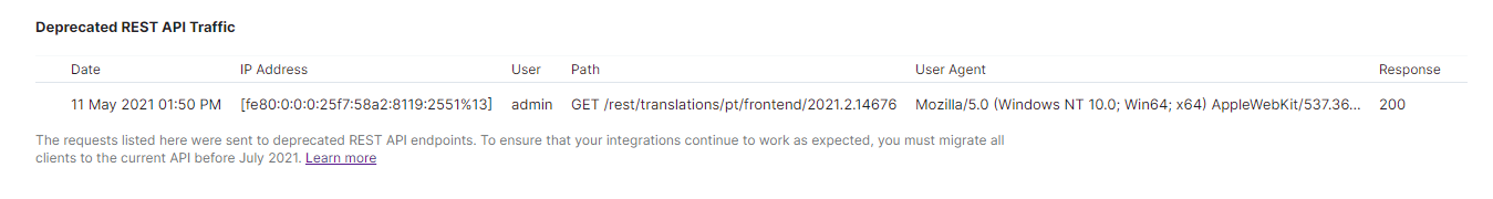 Deprecated REST API traffic. Deprecated REST API traffic.