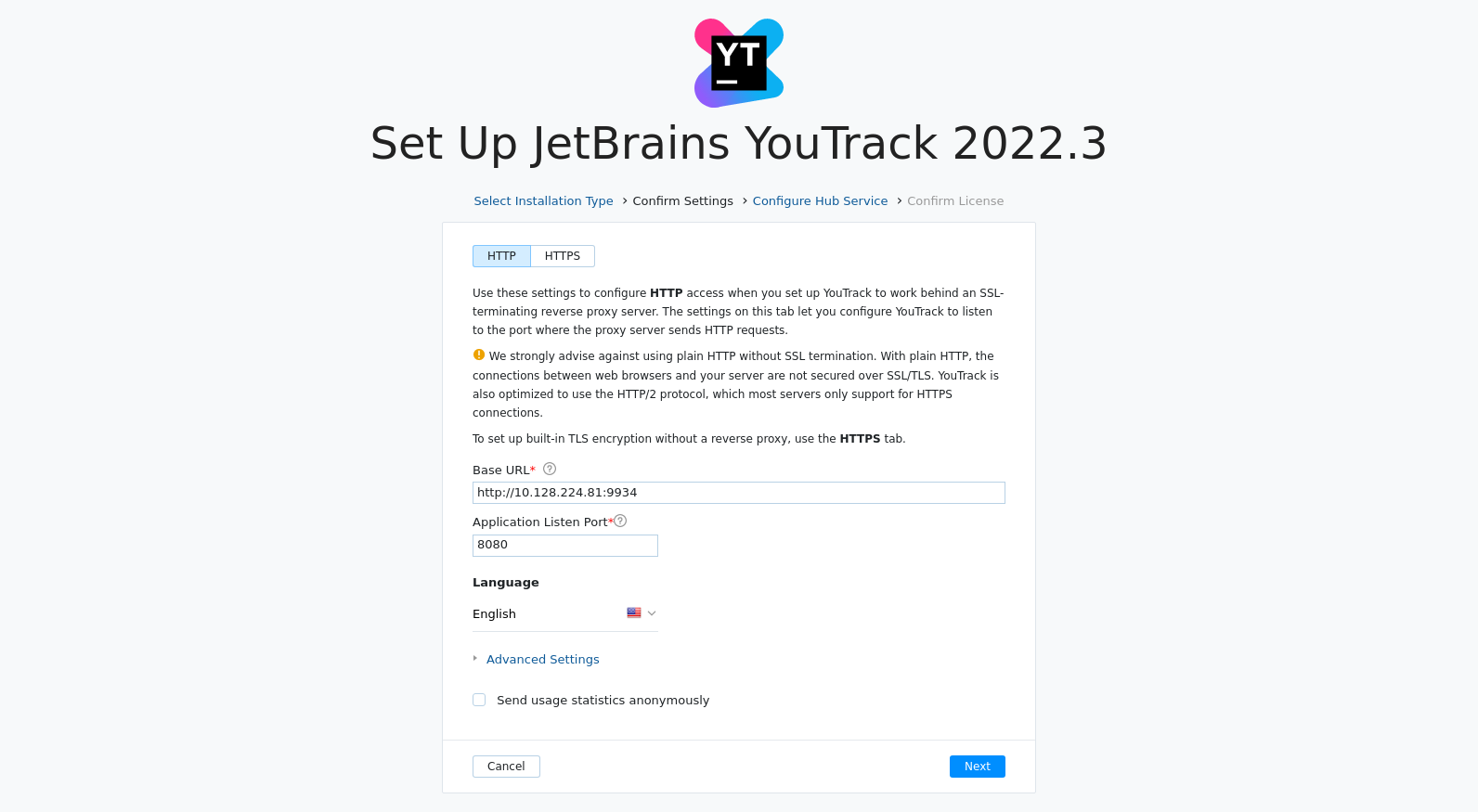 Install YouTrack confirm settings Install YouTrack confirm settings