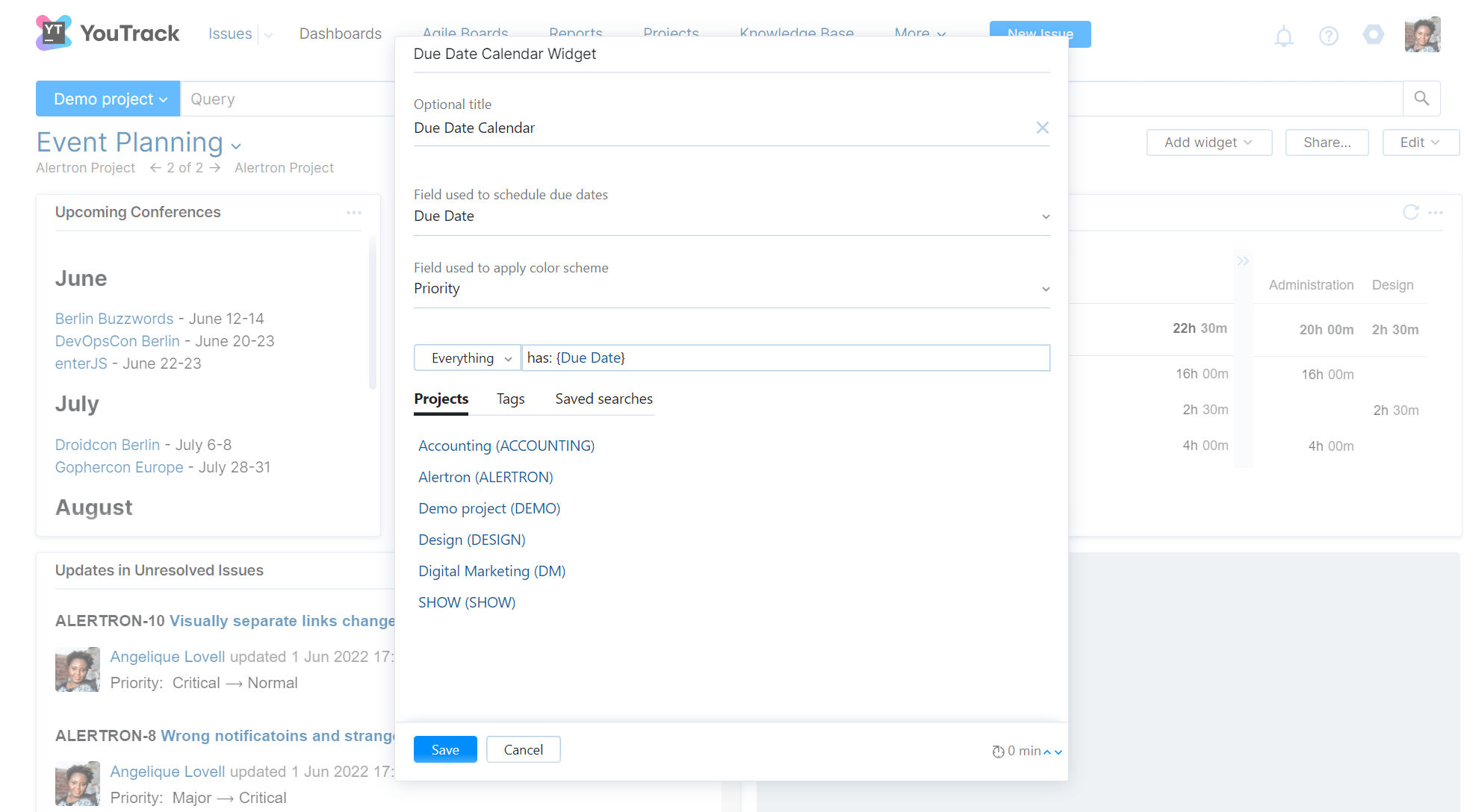 Due Date Calendar widget settings Due Date Calendar widget settings