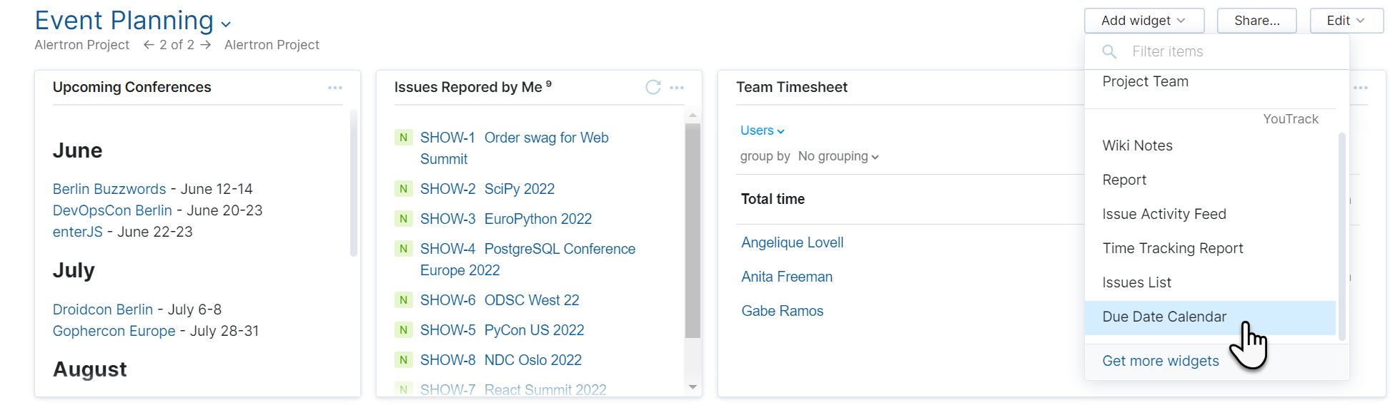 Select the widget in drop-down list. Select the widget in drop-down list.