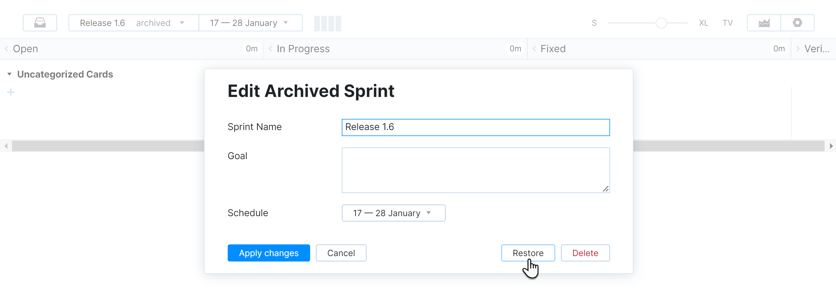 Restore option in the Edit Archived Sprint dialog. Restore option in the Edit Archived Sprint dialog.