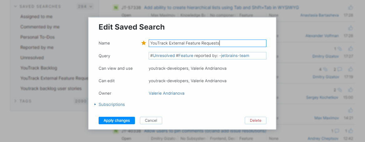 The Edit Saved Search dialog. The Edit Saved Search dialog.