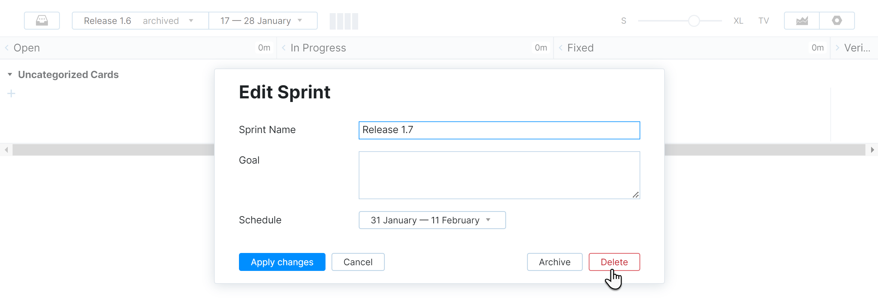 Delete option in the Edit Sprint dialog. Delete option in the Edit Sprint dialog.