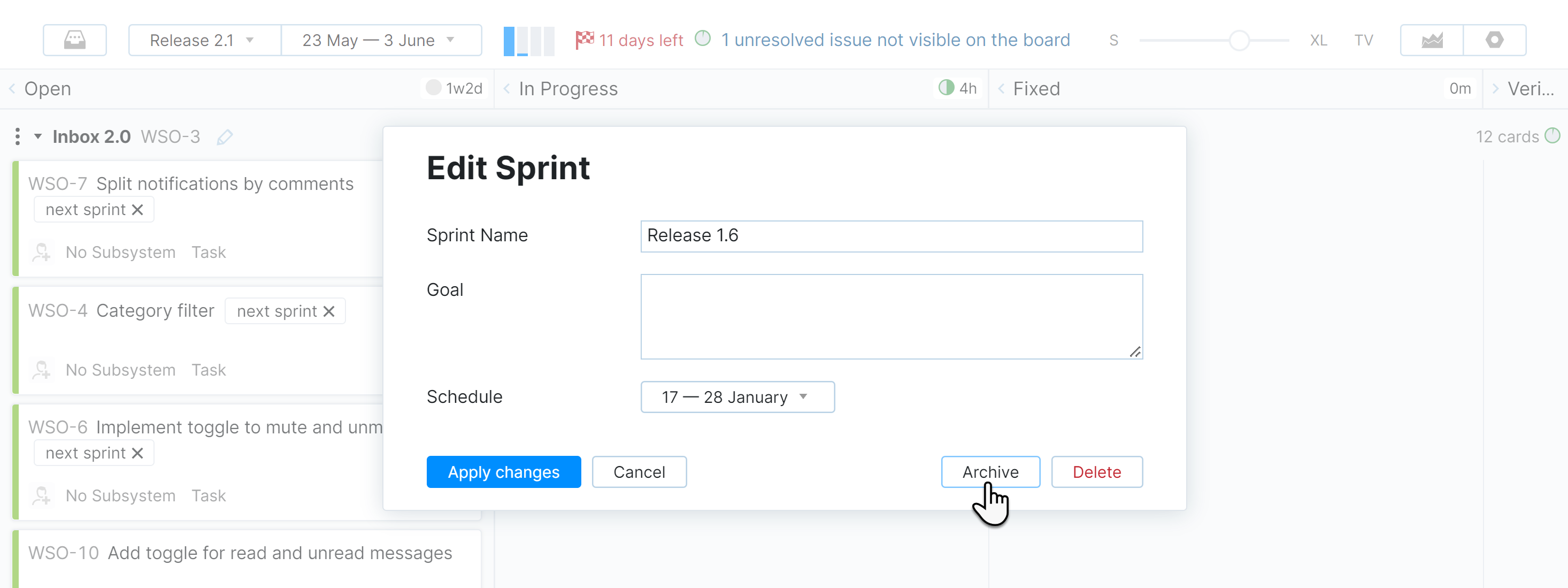 Edit sprint dialog. Edit sprint dialog.
