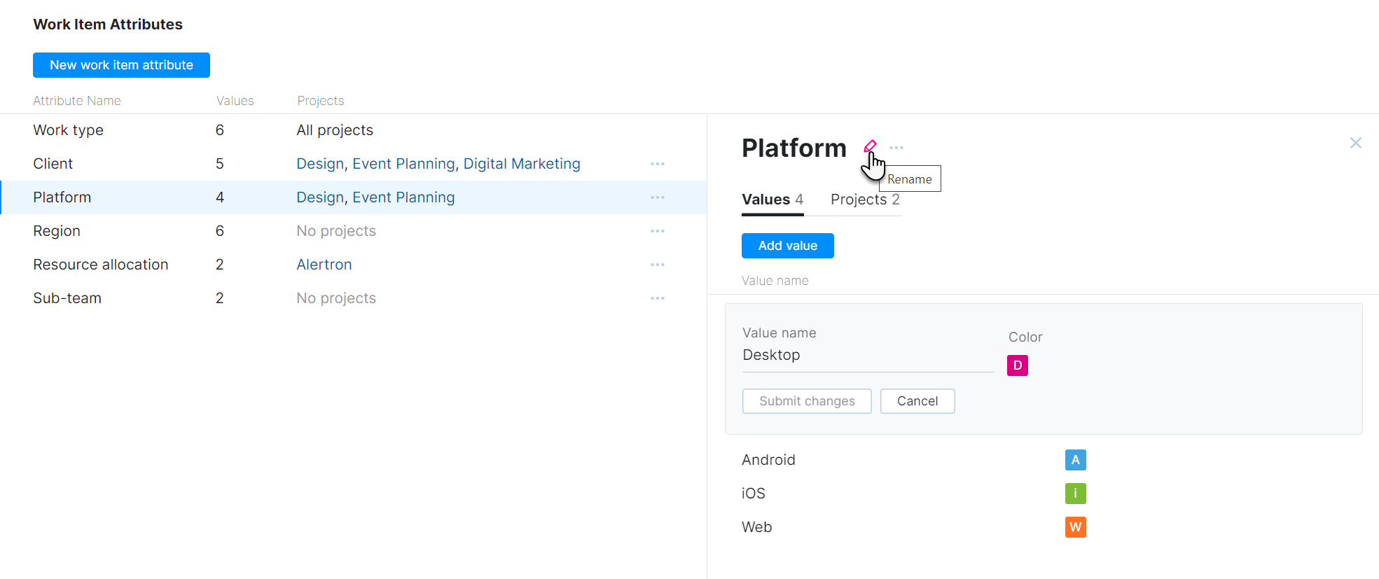 Options for updating a work item attribute. Options for updating a work item attribute.