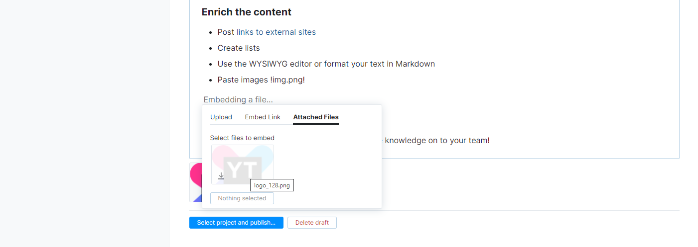 Embed an attached file in article content. Embed an attached file in article content.
