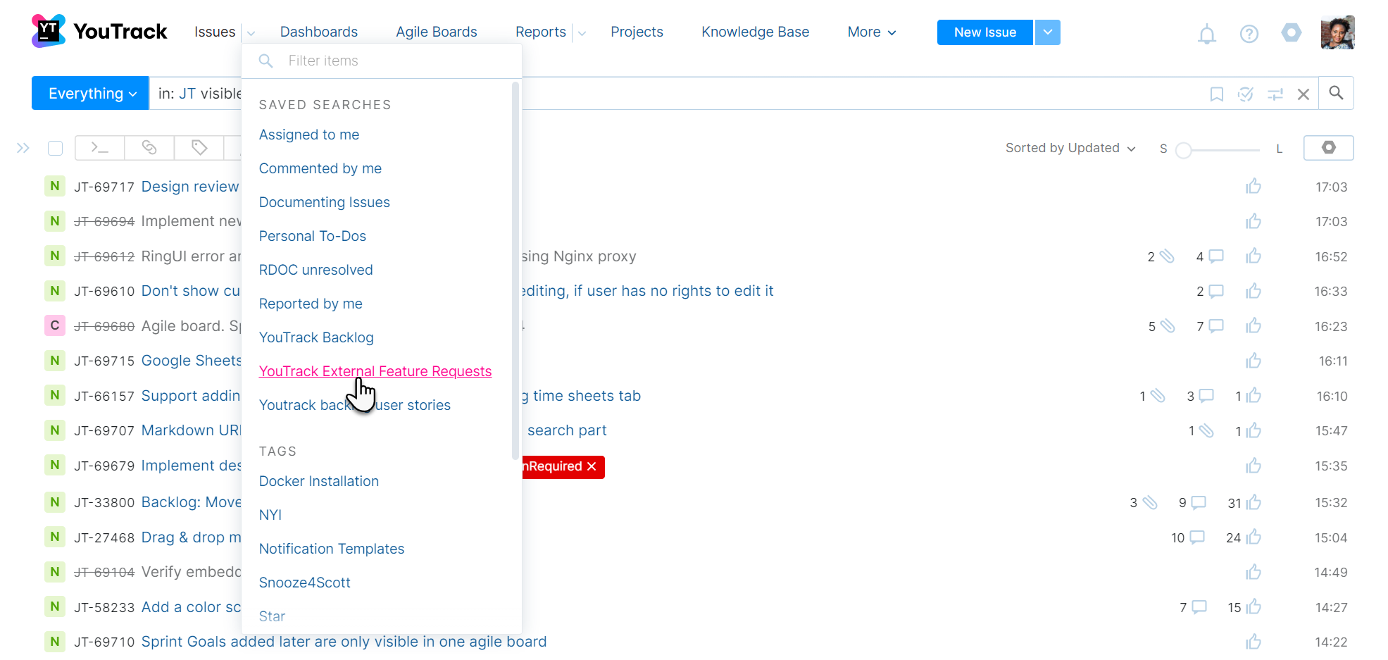 Selecting a saved search from the Issues menu. Selecting a saved search from the Issues menu.
