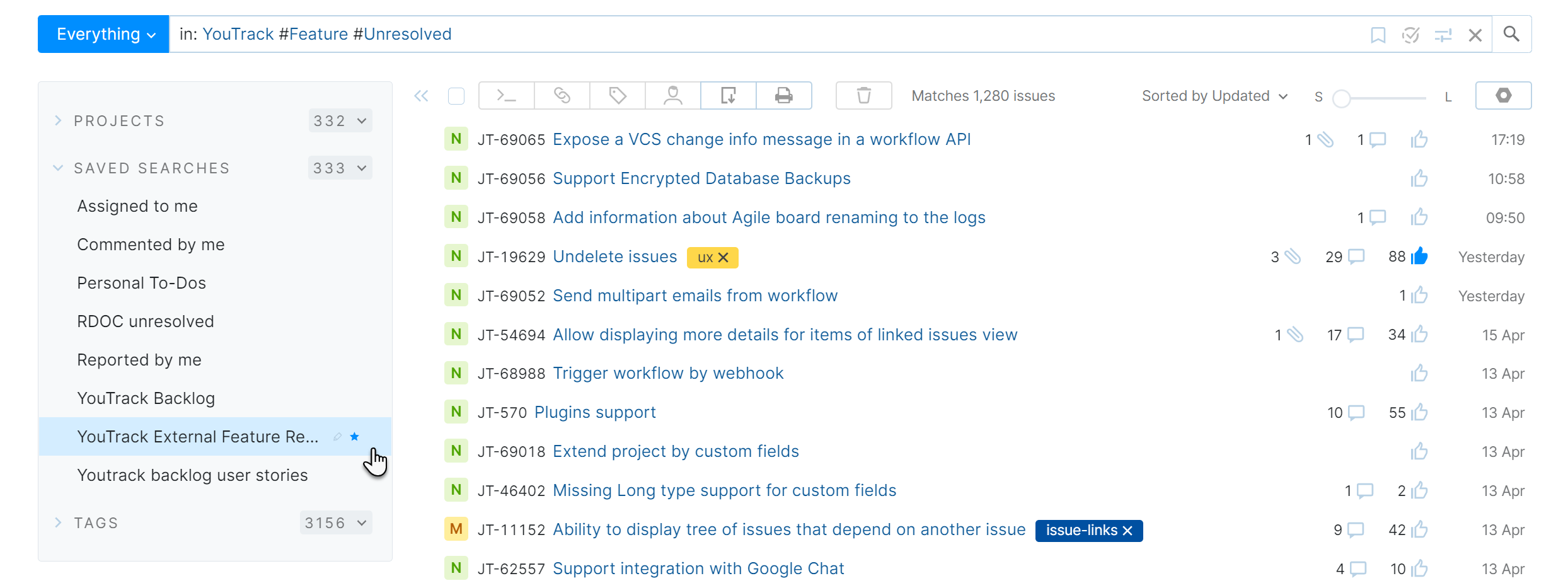 Selecting a saved search from the sidebar in the Issues list. Selecting a saved search from the sidebar in the Issues list.