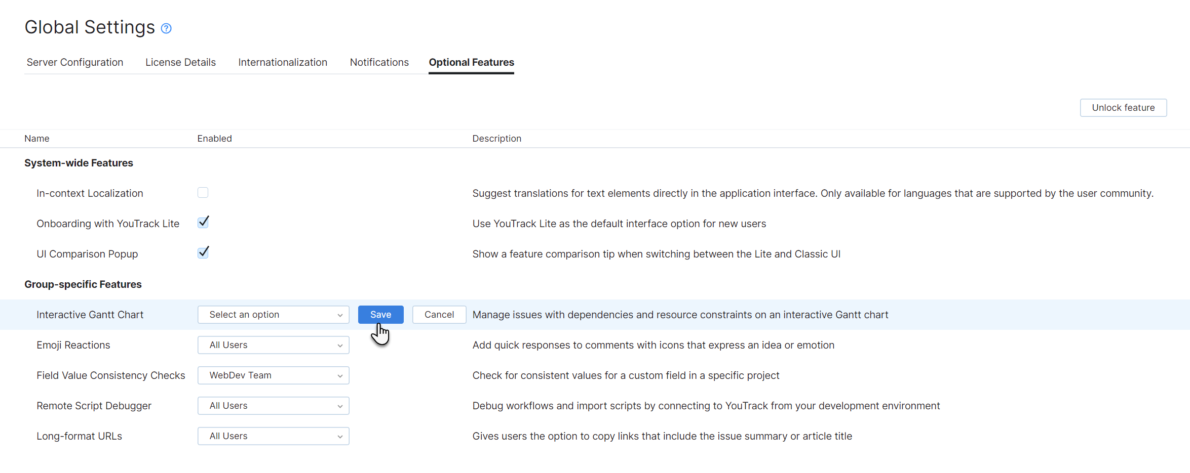 Feature configuration Feature configuration