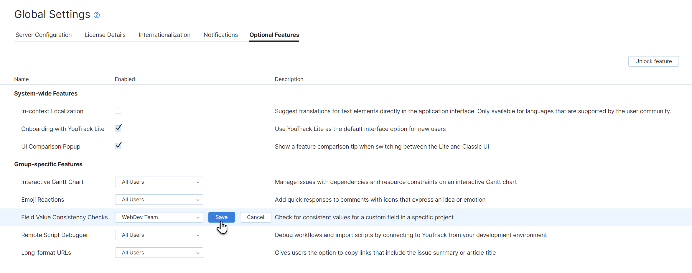 Feature configuration Feature configuration