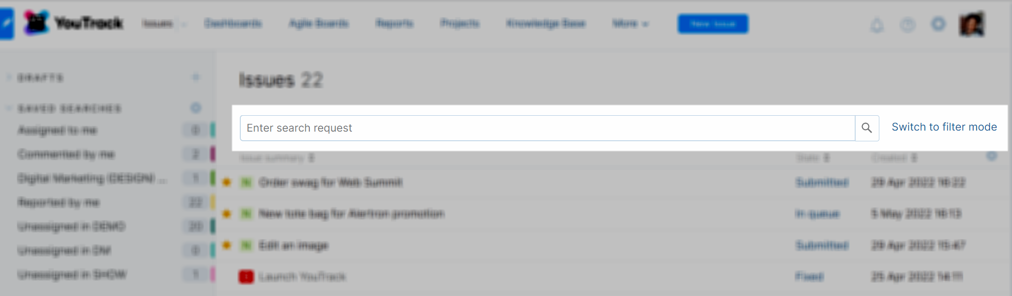 Search and filter options in YouTrack Lite. Search and filter options in YouTrack Lite.