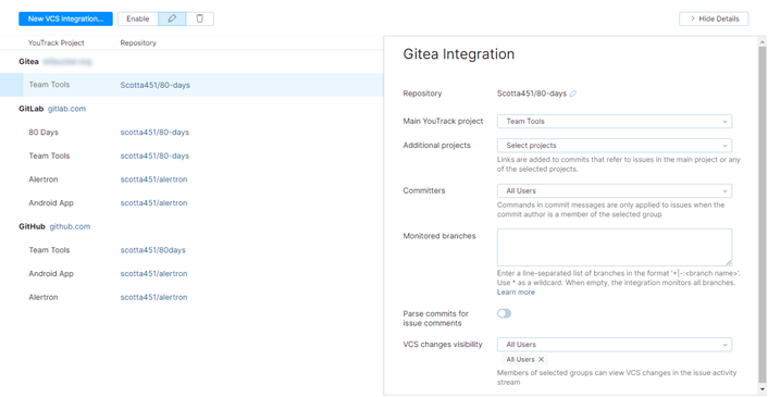 Gitea integration settings Gitea integration settings