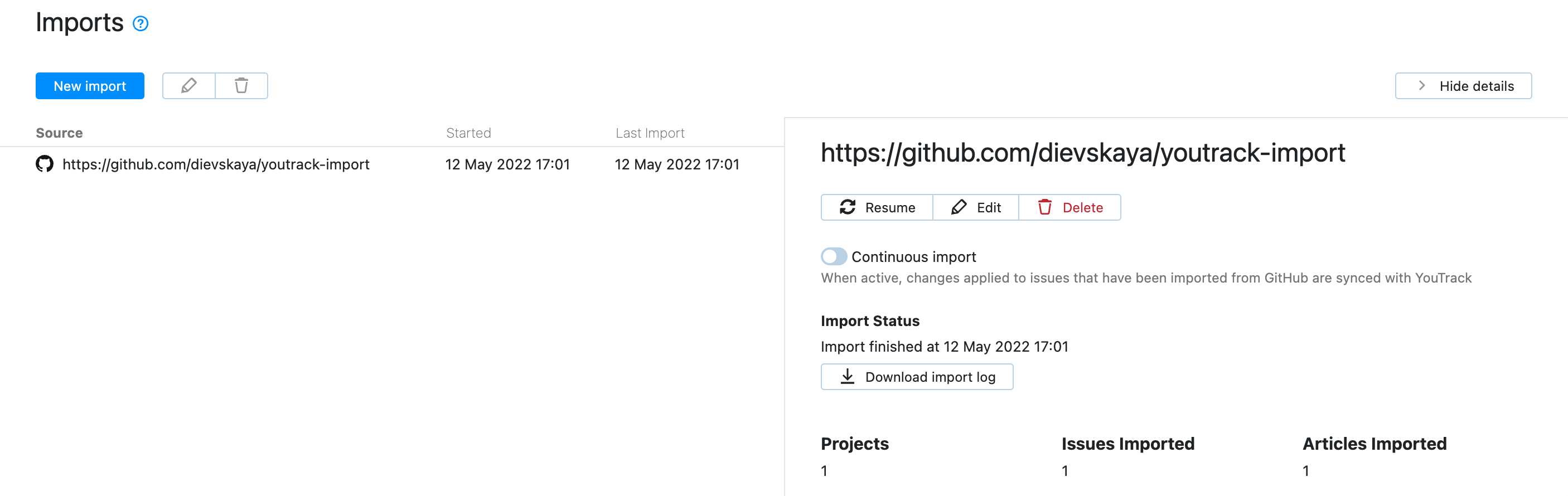 Import configuration details Import configuration details