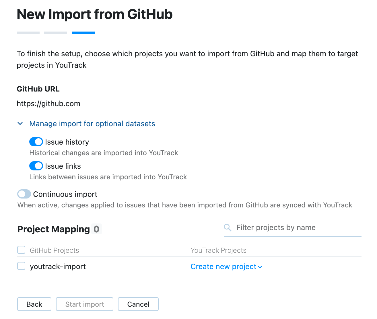 Confirm settings and start import. Confirm settings and start import.