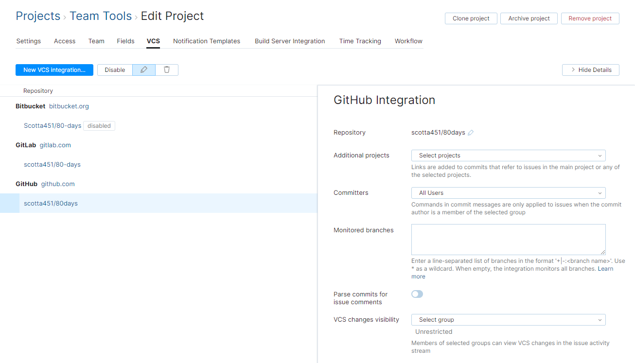 GitHub integration settings GitHub integration settings