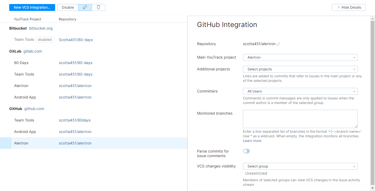 GitHub integration settings GitHub integration settings