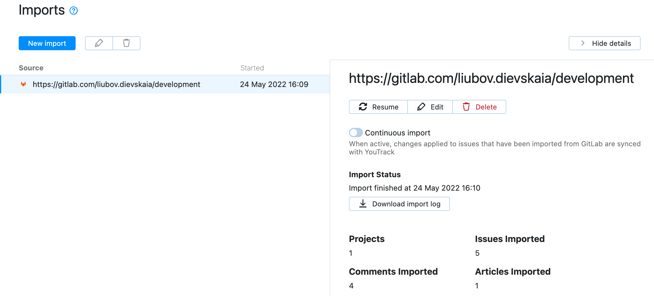 Import configuration details Import configuration details