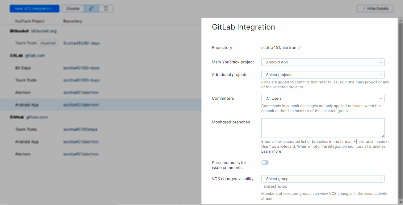 GitLab integration settings GitLab integration settings
