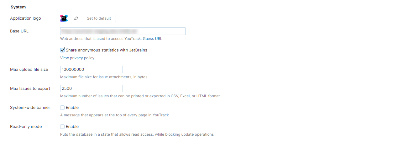 system settings for YouTrack Server system settings for YouTrack Server