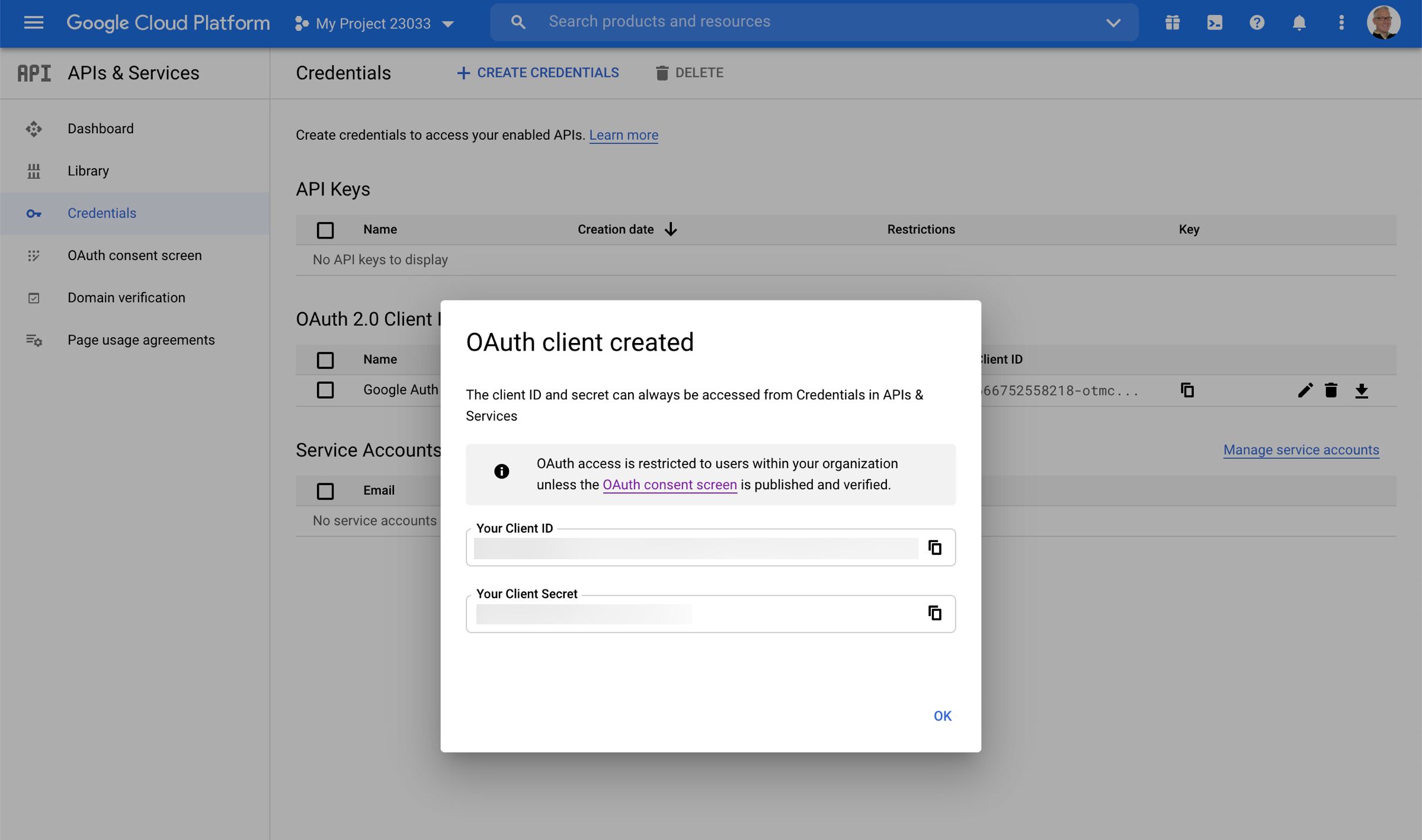 Google OAuth client created pop-up. Google OAuth client created pop-up.