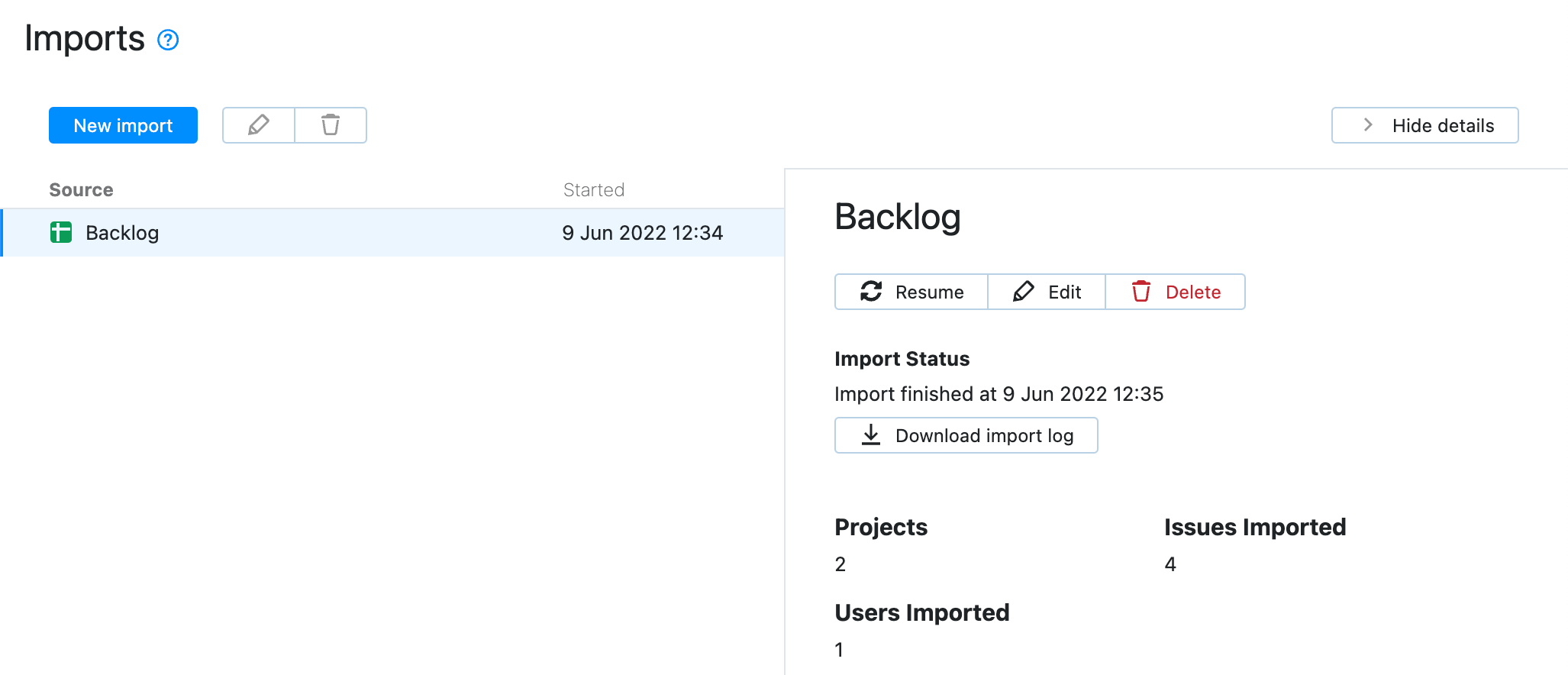 Import results Import results