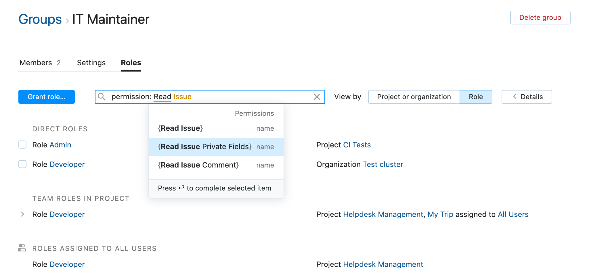 Group roles filtered Group roles filtered