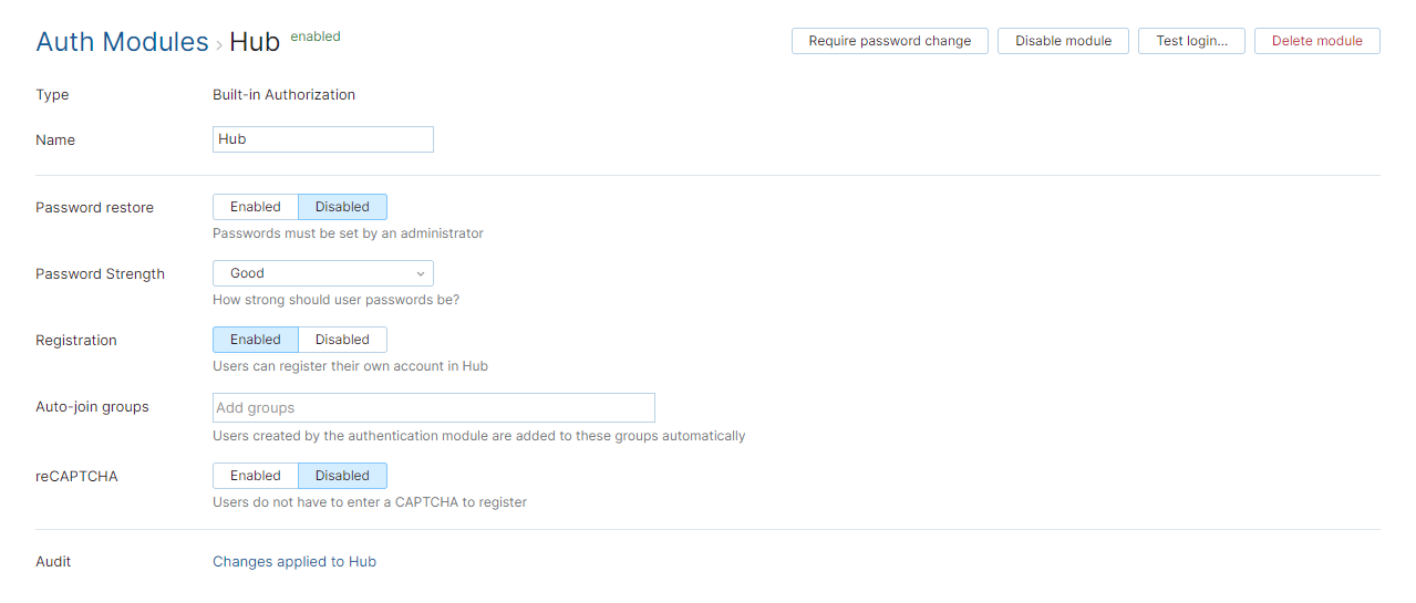 Hub auth module settings Hub auth module settings