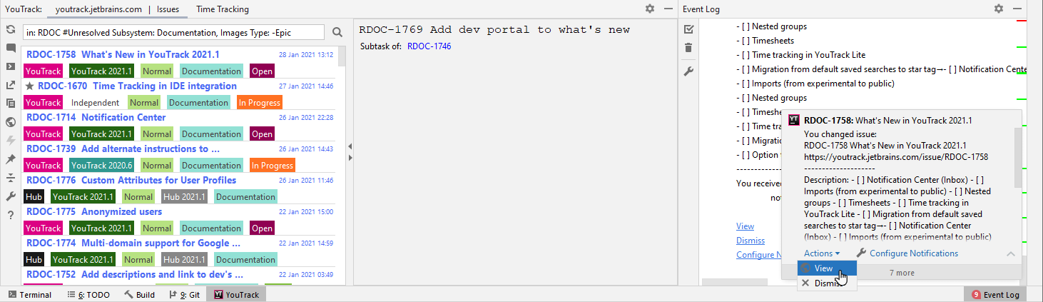 In-IDE notifications for YouTrack issues. In-IDE notifications for YouTrack issues.
