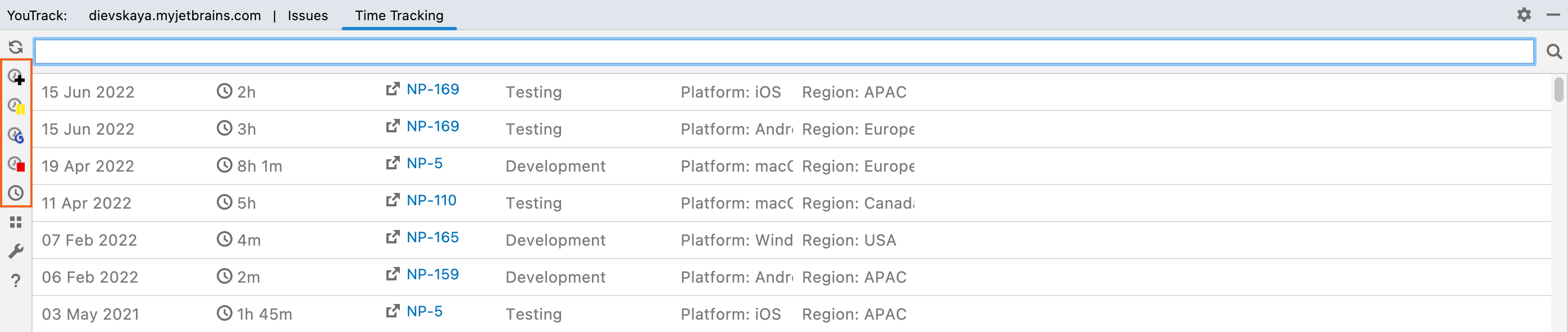 Options for tracking spent time manually in the plugin tool window. Options for tracking spent time manually in the plugin tool window.