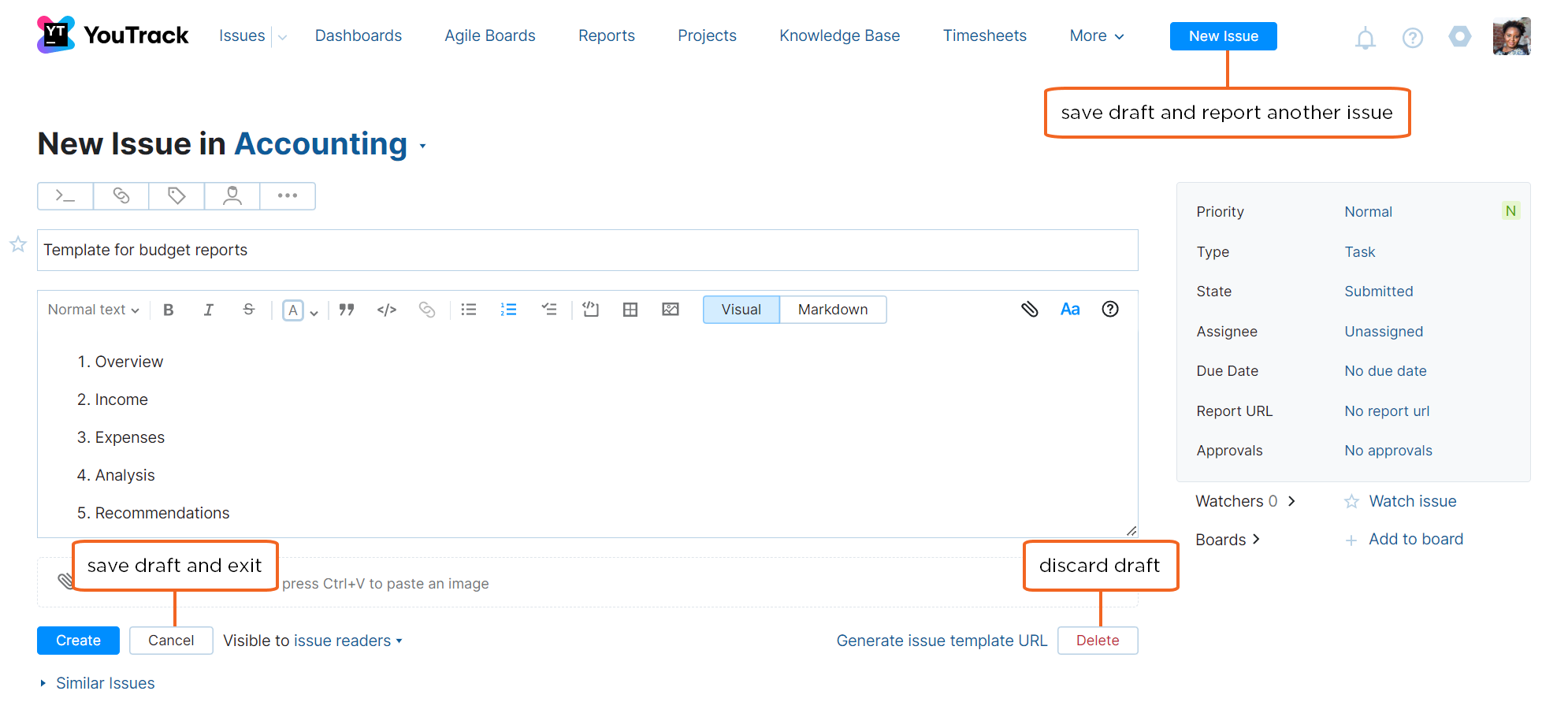 Issue draft options Issue draft options