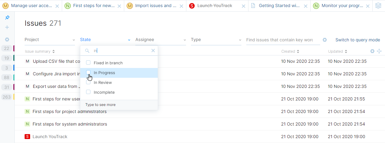 Issue filters in YouTrack Lite. Issue filters in YouTrack Lite.