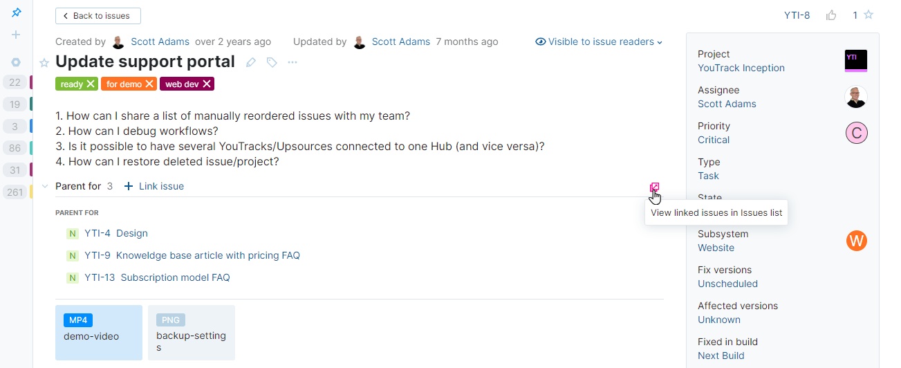 Issue link panel in YouTrack Lite. Issue link panel in YouTrack Lite.